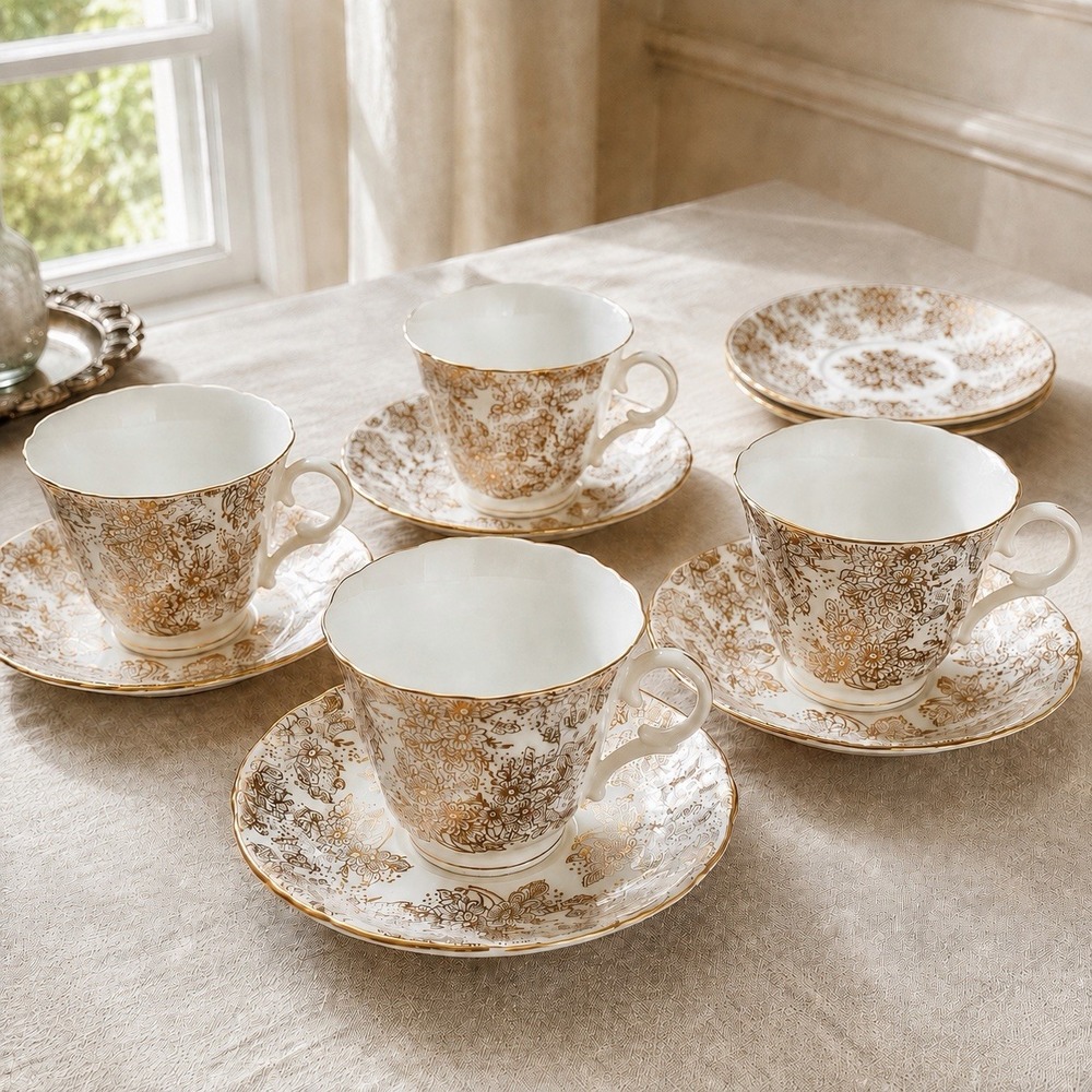 Vintage Colclough 7117 Gold Chintz Bone China 4 Cups 6 Saucers England
